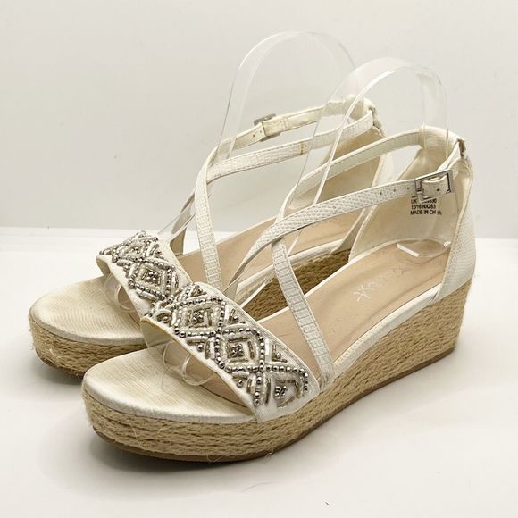 next Shoes - Next Cream Beaded Espadrille Wedge Strappy Sandals UK Size 4